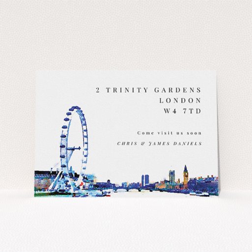 A change of address card design titled "Cast and Eye". It is an A5 card in a landscape orientation. "Cast and Eye" is available as a flat card, with mainly blue colouring.