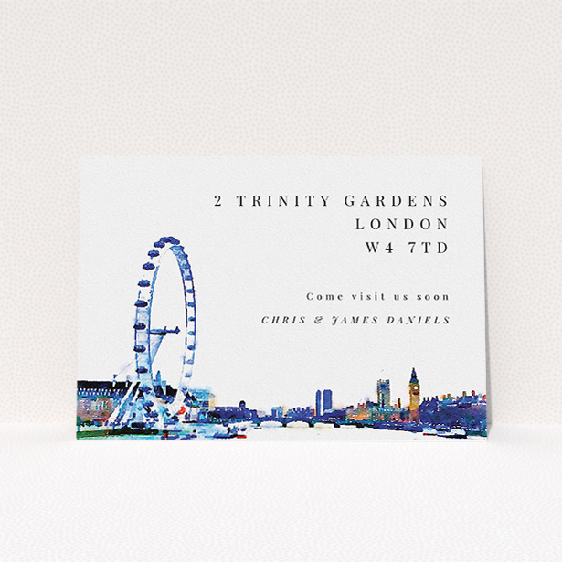 A change of address card design titled "Cast and Eye". It is an A5 card in a landscape orientation. "Cast and Eye" is available as a flat card, with mainly blue colouring.