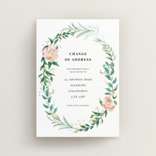 Change Of Address Card Design - "Classic Floral" A change of address card named "Classic Floral". It is an A6 card in a portrait orientation. "Classic Floral" is available as a flat card, with tones of white, light green and pink.