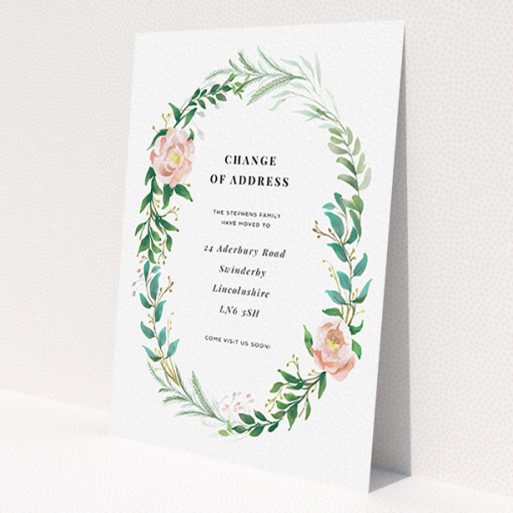 A change of address card named 'Classic Floral'. It is an A6 card in a portrait orientation. 'Classic Floral' is available as a flat card, with tones of white, light green and pink.