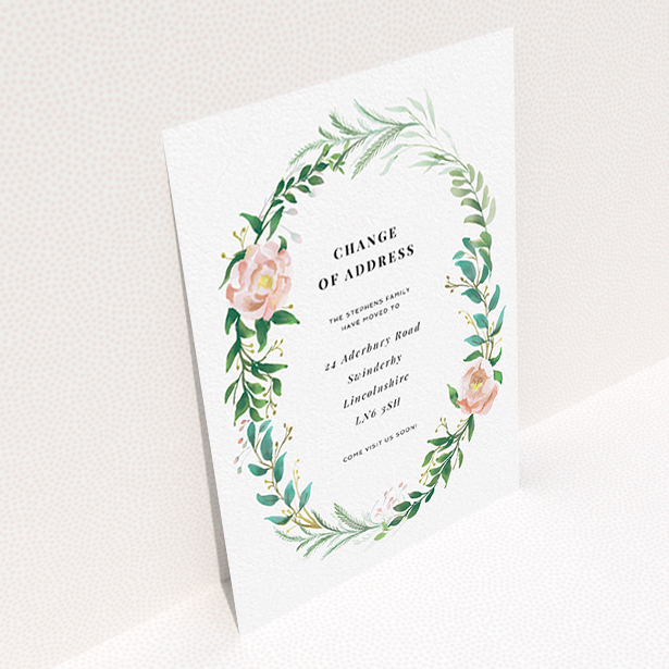 A change of address card named "Classic Floral". It is an A6 card in a portrait orientation. "Classic Floral" is available as a flat card, with tones of white, light green and pink.