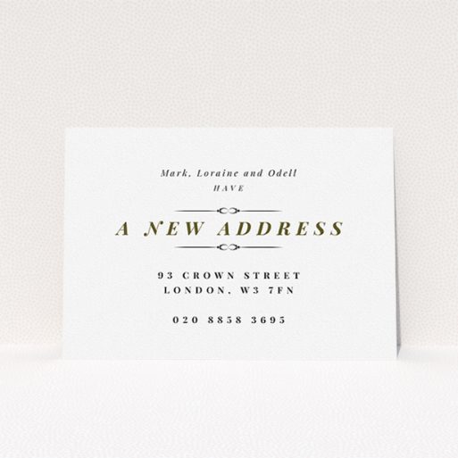 A change of address card called "Classical". It is an A5 card in a landscape orientation. "Classical" is available as a flat card, with tones of white and gold.