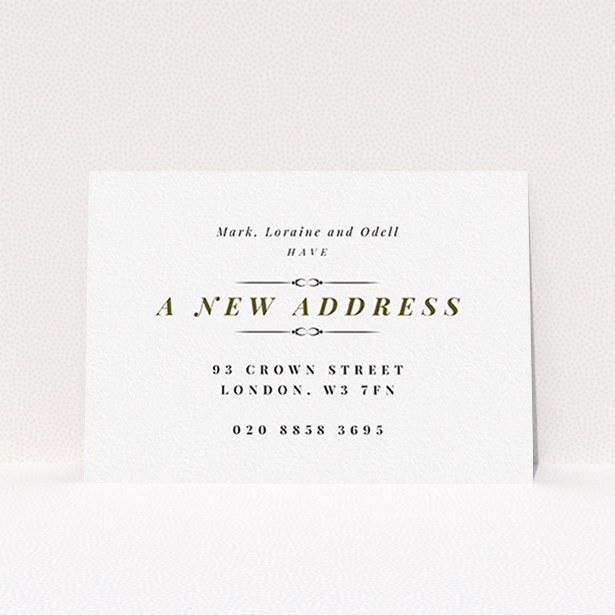 A change of address card design called "Classical". It is an A6 card in a landscape orientation. "Classical" is available as a flat card, with tones of white and gold.