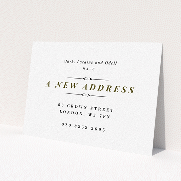A change of address card design called 'Classical'. It is an A6 card in a landscape orientation. 'Classical' is available as a flat card, with tones of white and gold.