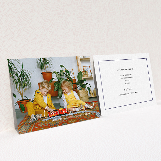 A change of address card called "Come Visit Soon". It is an A6 card in a landscape orientation. It is a photographic change of address card with room for 1 photo. "Come Visit Soon" is available as a flat card, with mainly white colouring.
