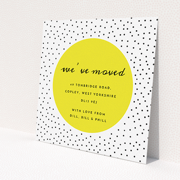 A change of address card design called "Dots". It is a square (148mm x 148mm) card in a square orientation. "Dots" is available as a flat card, with tones of yellow, white and black.