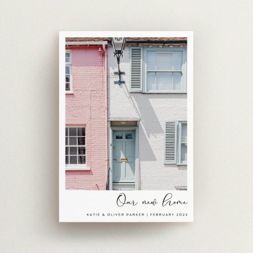 Change Of Address Card Design - "Front Door Photo" A change of address card design called "Front Door Photo". It is an A6 card in a portrait orientation. It is a photographic change of address card with room for 1 photo. "Front Door Photo" is available as a flat card, with tones of white and black.