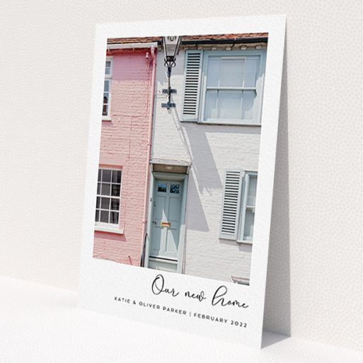 A change of address card design called 'Front Door Photo'. It is an A6 card in a portrait orientation. It is a photographic change of address card with room for 1 photo. 'Front Door Photo' is available as a flat card, with tones of white and black.
