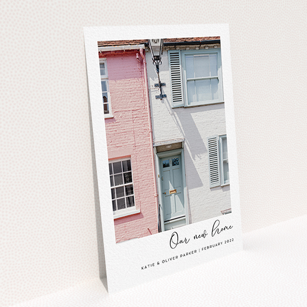 A change of address card design called "Front Door Photo". It is an A6 card in a portrait orientation. It is a photographic change of address card with room for 1 photo. "Front Door Photo" is available as a flat card, with tones of white and black.