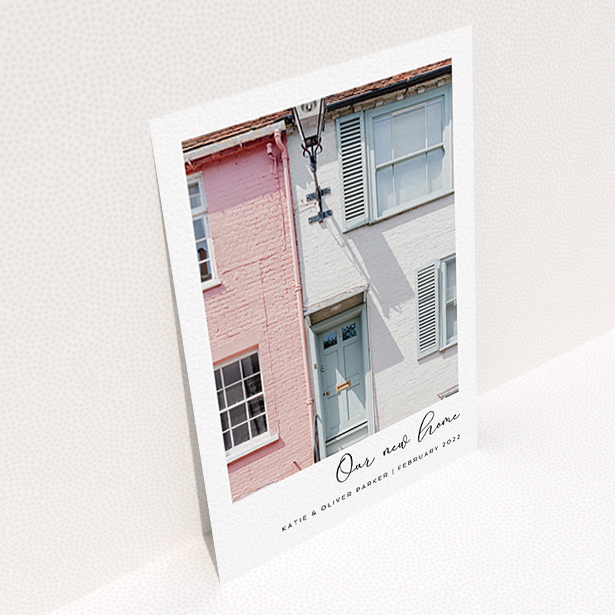 A change of address card design called "Front Door Photo". It is an A6 card in a portrait orientation. It is a photographic change of address card with room for 1 photo. "Front Door Photo" is available as a flat card, with tones of white and black.