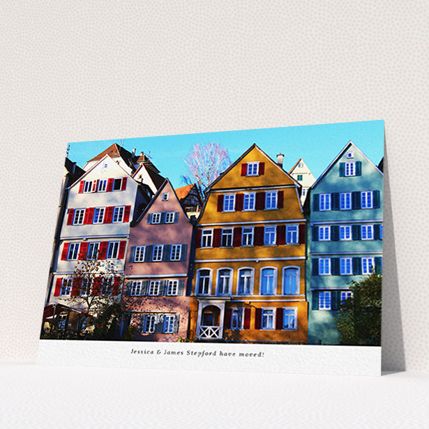 A change of address card design titled "Full Photo". It is an A6 card in a landscape orientation. It is a photographic change of address card with room for 1 photo. "Full Photo" is available as a flat card, with mainly white colouring.