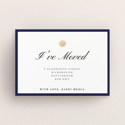Change Of Address Card Design - "Golden Sundial" A change of address card design called "Golden Sundial". It is an A6 card in a landscape orientation. "Golden Sundial" is available as a flat card, with tones of navy blue and white.