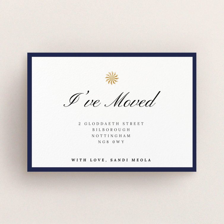 A change of address card design called "Golden Sundial". It is an A6 card in a landscape orientation. "Golden Sundial" is available as a flat card, with tones of navy blue and white.
