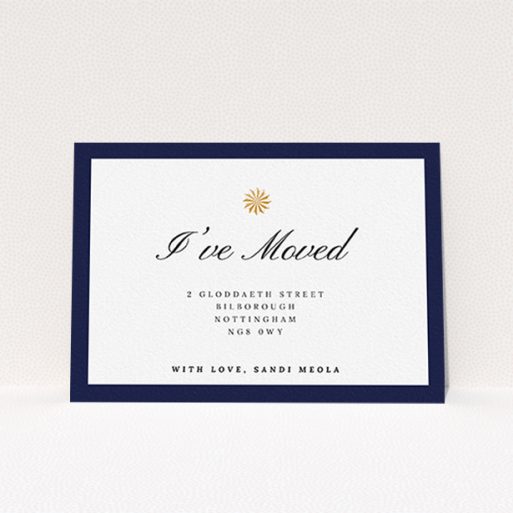 A change of address card design called "Golden Sundial". It is an A6 card in a landscape orientation. "Golden Sundial" is available as a flat card, with tones of navy blue and white.