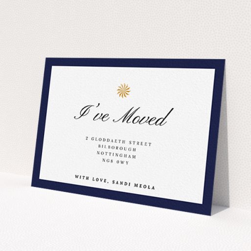 A change of address card design called 'Golden Sundial'. It is an A6 card in a landscape orientation. 'Golden Sundial' is available as a flat card, with tones of navy blue and white.