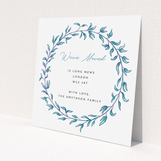 A change of address card design titled 'Hellenic'. It is a square (148mm x 148mm) card in a square orientation. 'Hellenic' is available as a flat card, with tones of white, blue and green.