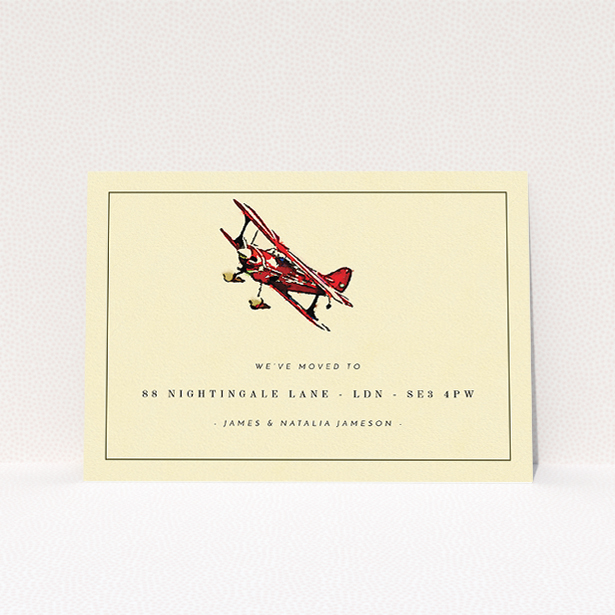 A change of address card template titled "Into the blue". It is an A5 card in a landscape orientation. "Into the blue" is available as a flat card, with mainly dark cream colouring.