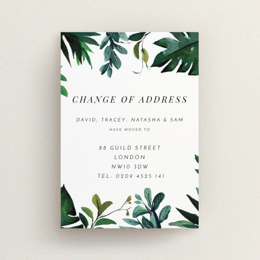 Change Of Address Card Design - "Jungle Gap" A change of address card template titled "Jungle Gap". It is an A6 card in a portrait orientation. "Jungle Gap" is available as a flat card, with tones of green and white.