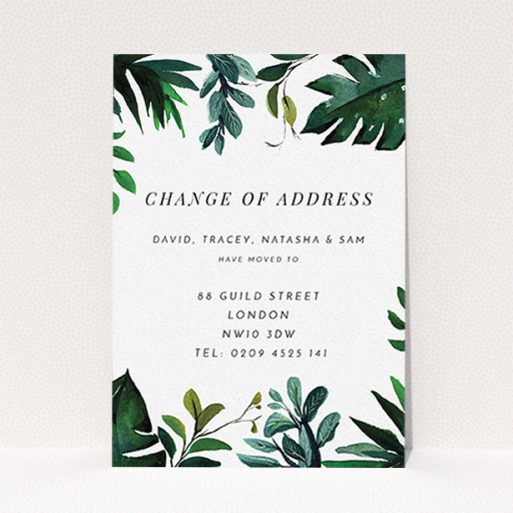 A change of address card template titled "Jungle Gap". It is an A6 card in a portrait orientation. "Jungle Gap" is available as a flat card, with tones of green and white.
