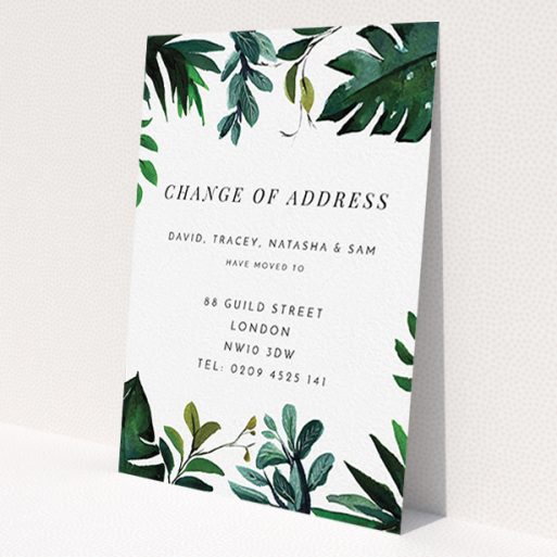 A change of address card template titled 'Jungle Gap'. It is an A6 card in a portrait orientation. 'Jungle Gap' is available as a flat card, with tones of green and white.