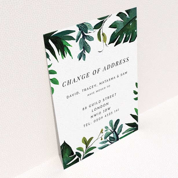 A change of address card template titled "Jungle Gap". It is an A6 card in a portrait orientation. "Jungle Gap" is available as a flat card, with tones of green and white.