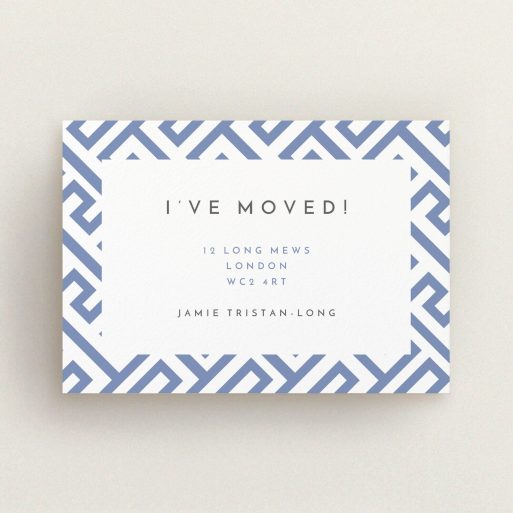 Change Of Address Card Design - "Latch and Key" A change of address card design called "Latch and Key". It is an A6 card in a landscape orientation. "Latch and Key" is available as a flat card, with tones of blue and white.
