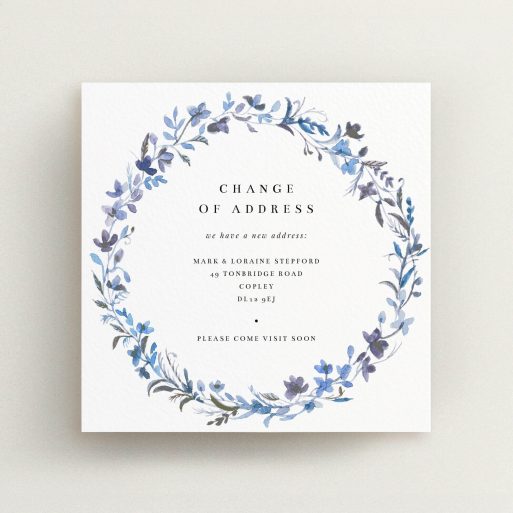 Change Of Address Card Design - "Light Blue Florals" A change of address card design named "Light Blue Florals". It is a square (148mm x 148mm) card in a square orientation. "Light Blue Florals" is available as a flat card, with tones of light blue, purple and grey.