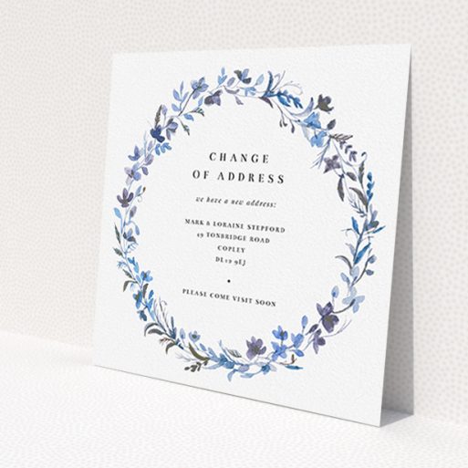 A change of address card design named 'Light Blue Florals'. It is a square (148mm x 148mm) card in a square orientation. 'Light Blue Florals' is available as a flat card, with tones of light blue, purple and grey.