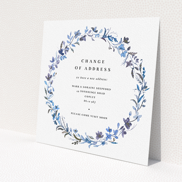 A change of address card design named "Light Blue Florals". It is a square (148mm x 148mm) card in a square orientation. "Light Blue Florals" is available as a flat card, with tones of light blue, purple and grey.
