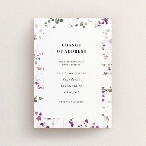 Change Of Address Card Design - "Lilac Backing" A change of address card called "Lilac Backing". It is an A6 card in a portrait orientation. "Lilac Backing" is available as a flat card, with tones of white and purple.