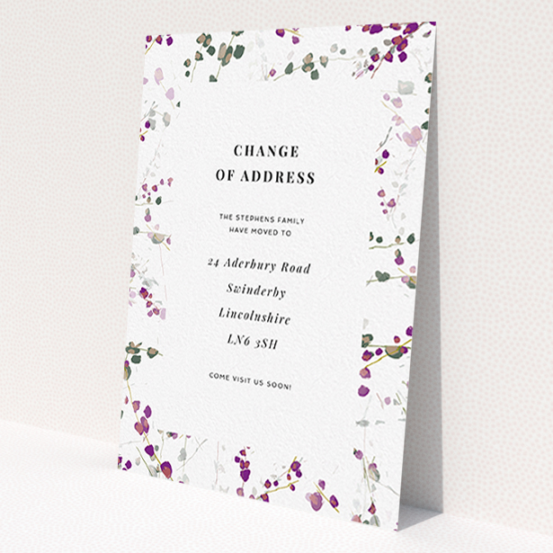 A change of address card called "Lilac Backing". It is an A6 card in a portrait orientation. "Lilac Backing" is available as a flat card, with tones of white and purple.