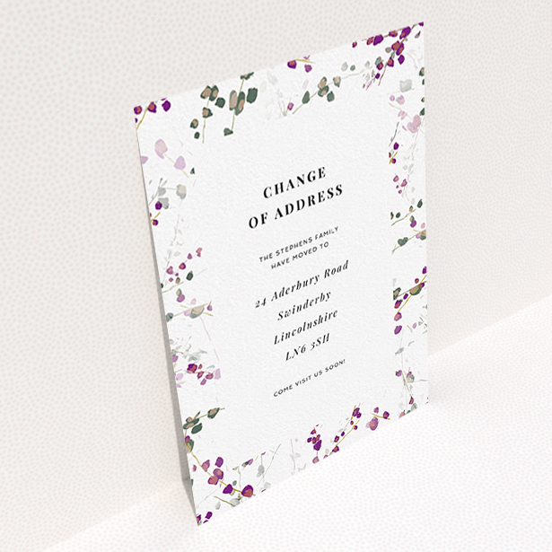 A change of address card called "Lilac Backing". It is an A6 card in a portrait orientation. "Lilac Backing" is available as a flat card, with tones of white and purple.