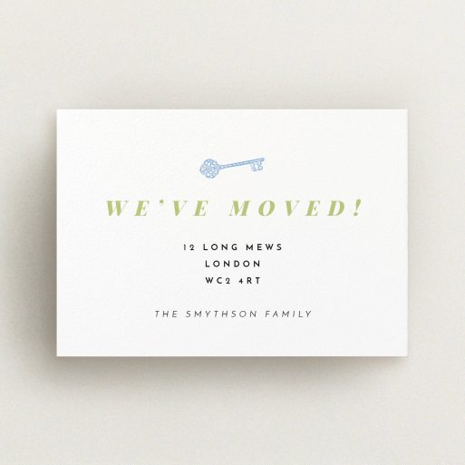 Change Of Address Card Design - "Magic Key" A change of address card template titled "Magic Key". It is an A6 card in a landscape orientation. "Magic Key" is available as a flat card, with tones of white and green.