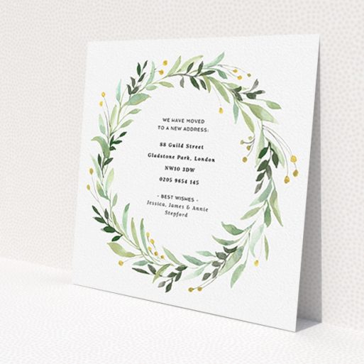 A change of address card called 'Marine Wreath'. It is a square (148mm x 148mm) card in a square orientation. 'Marine Wreath' is available as a flat card, with tones of ice blue, light green and yellow.