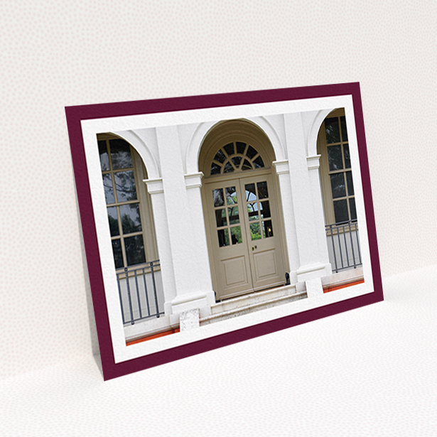 A change of address card template titled "Maroon Border". It is an A6 card in a landscape orientation. It is a photographic change of address card with room for 1 photo. "Maroon Border" is available as a flat card, with tones of burgundy and white.