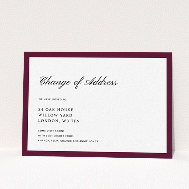 A change of address card template titled "Maroon Border". It is an A6 card in a landscape orientation. It is a photographic change of address card with room for 1 photo. "Maroon Border" is available as a flat card, with tones of burgundy and white.