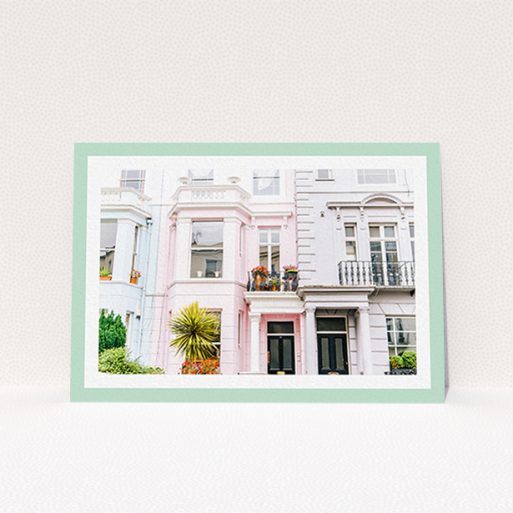 A change of address card called "Mint Border". It is an A6 card in a landscape orientation. It is a photographic change of address card with room for 1 photo. "Mint Border" is available as a flat card, with tones of green and white.