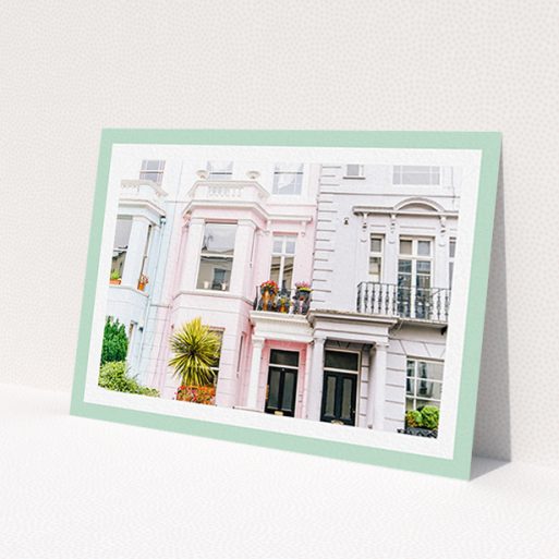 A change of address card called 'Mint Border'. It is an A6 card in a landscape orientation. It is a photographic change of address card with room for 1 photo. 'Mint Border' is available as a flat card, with tones of green and white.