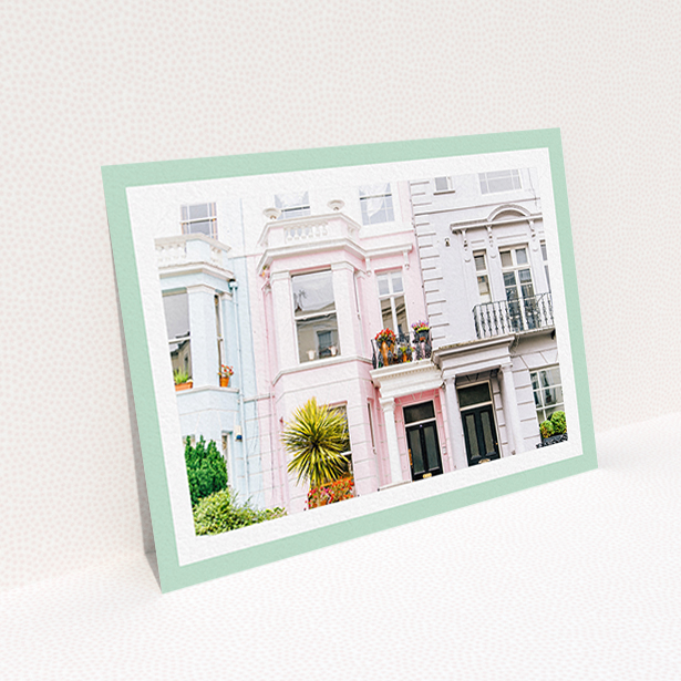 A change of address card called "Mint Border". It is an A6 card in a landscape orientation. It is a photographic change of address card with room for 1 photo. "Mint Border" is available as a flat card, with tones of green and white.
