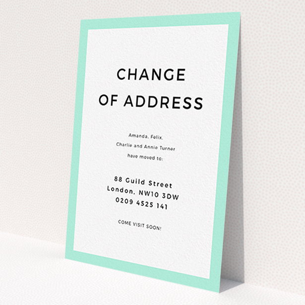 A change of address card design named 'Mintiest'. It is an A6 card in a portrait orientation. 'Mintiest' is available as a flat card, with tones of green and white.