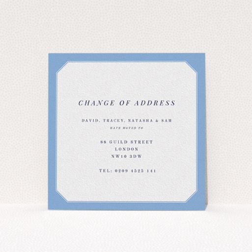 A change of address card called "My Front Door". It is a square (148mm x 148mm) card in a square orientation. "My Front Door" is available as a flat card, with tones of blue and white.