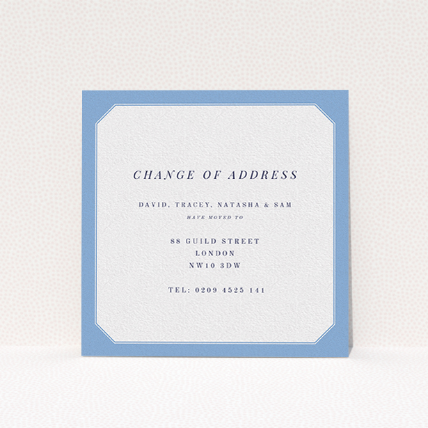 A change of address card called "My Front Door". It is a square (148mm x 148mm) card in a square orientation. "My Front Door" is available as a flat card, with tones of blue and white.