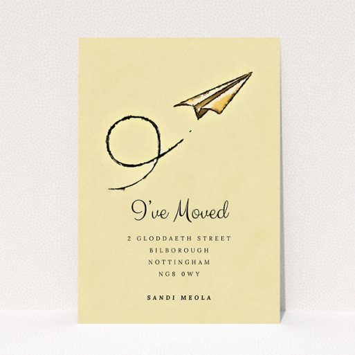 A change of address card template titled "Off & Away". It is an A5 card in a portrait orientation. "Off & Away" is available as a flat card, with mainly dark cream colouring.