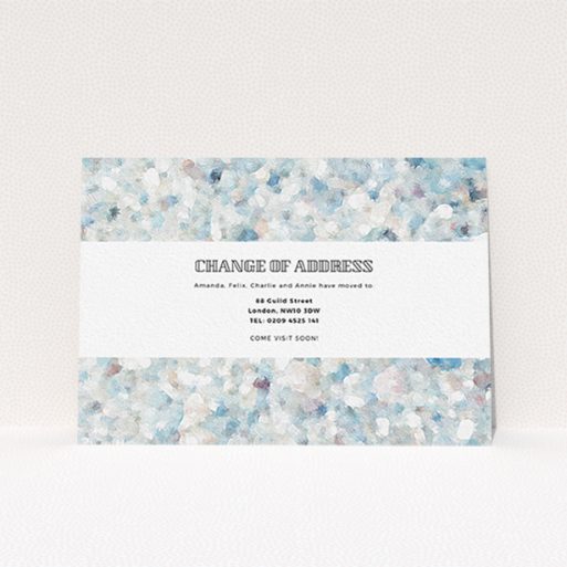 A change of address card design called "Oil Painting Pebbles". It is an A6 card in a landscape orientation. "Oil Painting Pebbles" is available as a flat card, with tones of blue, grey and light purple.
