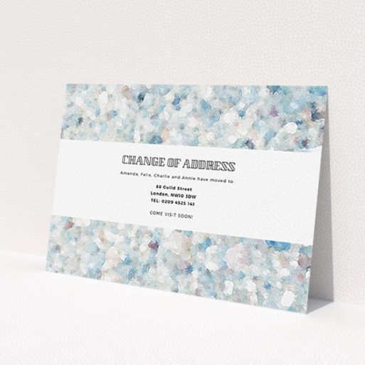 A change of address card design called 'Oil Painting Pebbles'. It is an A6 card in a landscape orientation. 'Oil Painting Pebbles' is available as a flat card, with tones of blue, grey and light purple.