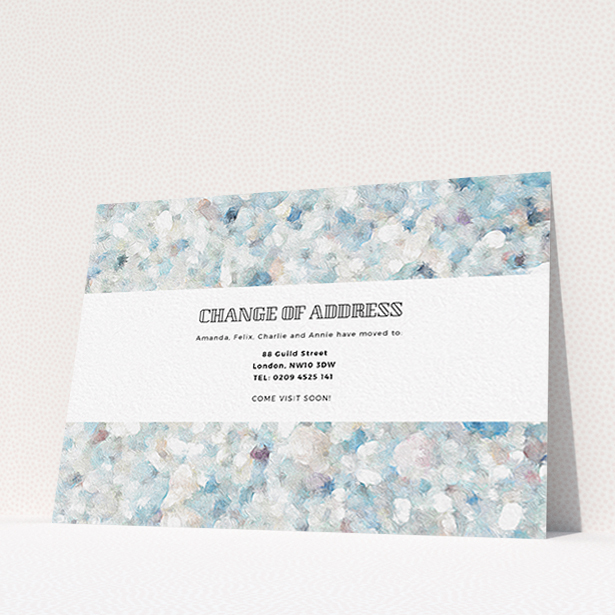 A change of address card design called "Oil Painting Pebbles". It is an A6 card in a landscape orientation. "Oil Painting Pebbles" is available as a flat card, with tones of blue, grey and light purple.