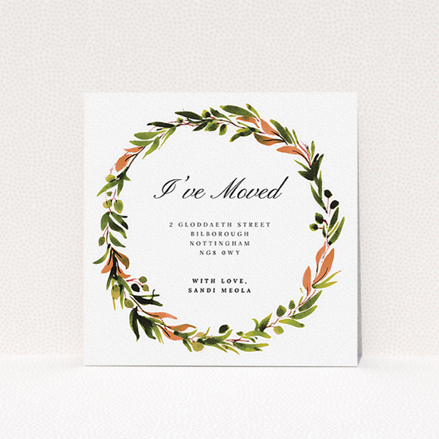 A change of address card template titled "Olive Wreath Circle". It is a square (148mm x 148mm) card in a square orientation. "Olive Wreath Circle" is available as a flat card, with tones of green, dark green and terracotta.