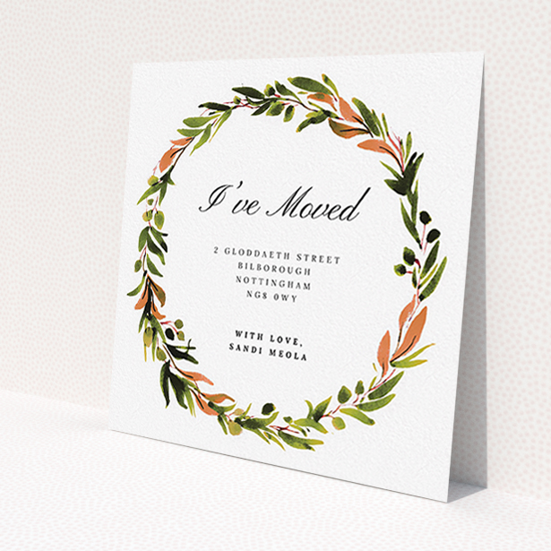 A change of address card template titled 'Olive Wreath Circle'. It is a square (148mm x 148mm) card in a square orientation. 'Olive Wreath Circle' is available as a flat card, with tones of green, dark green and terracotta.