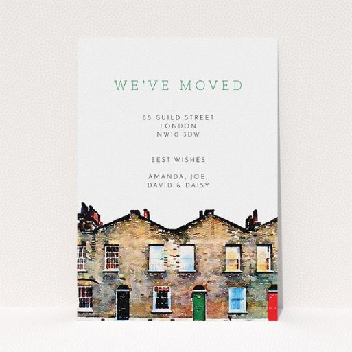 A change of address card design called "On the street where I live". It is an A5 card in a portrait orientation. "On the street where I live" is available as a flat card, with tones of white and green.
