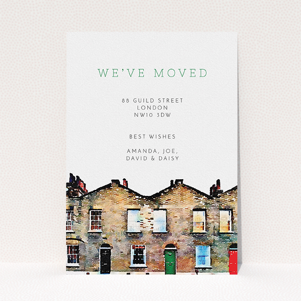 A change of address card design called "On the street where I live". It is an A5 card in a portrait orientation. "On the street where I live" is available as a flat card, with tones of white and green.